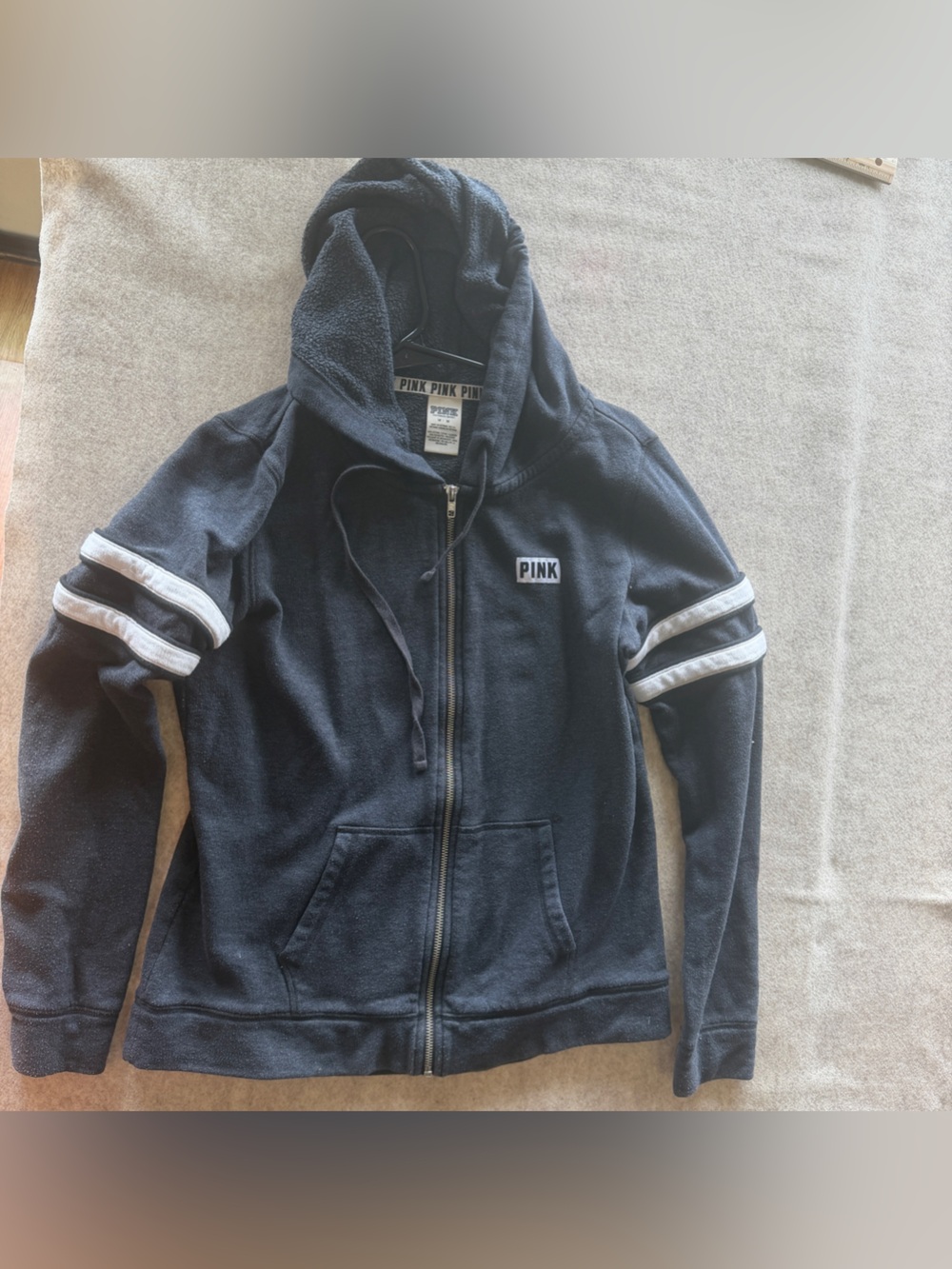 Victoria's Secret PINK Black Zip-Up Hoodie with White Sleeve Stripes